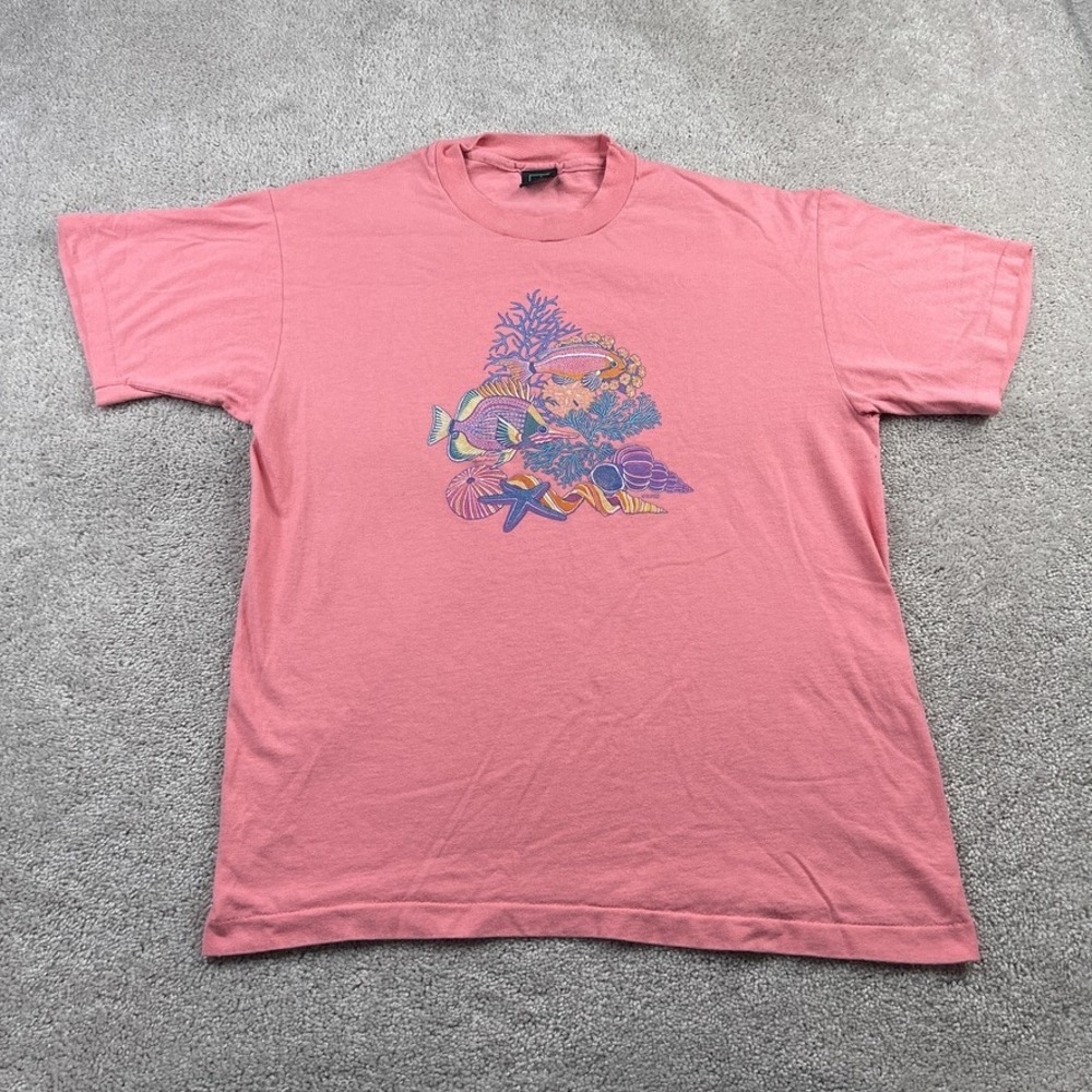 VINTAGE Islander Shirt Mens Large Pink Tropical Fish Sea Life Single Stitch‎ USA